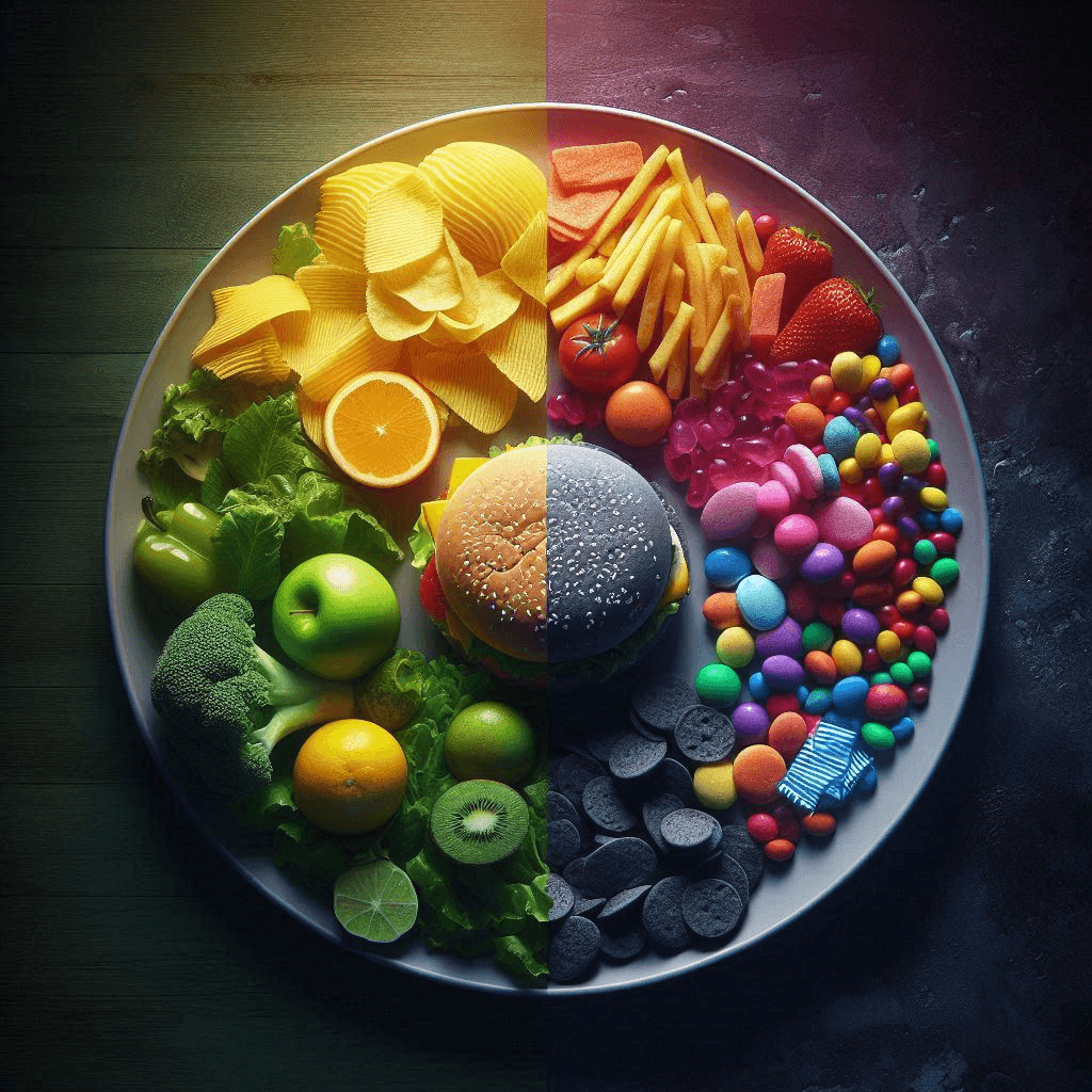 Ultra processed food takes its toll The Silver Nutritionist on weight loss with an image of good vs bad food